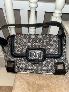 Guess Black and Gray Monogram Shoulder Bag with Silver Accent and matching walle
